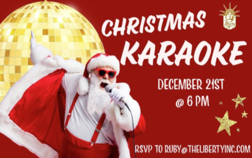 Santa Claus pictured standing next to a disco ball and event text for a Karaoke Night. Pictured is a red back ground in the back.