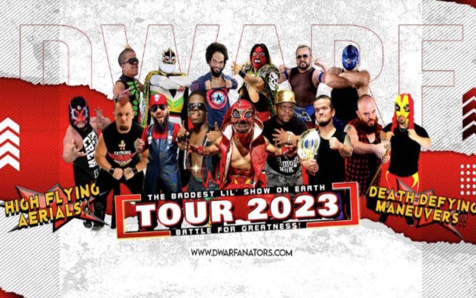 EDW Lucha members pictured standing in a group with a white/red back ground and event text.