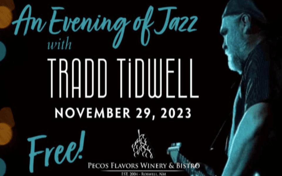 Tradd Tidwell pictured performing music. Pictured is a black back ground with white and blue event text that details his live music event.