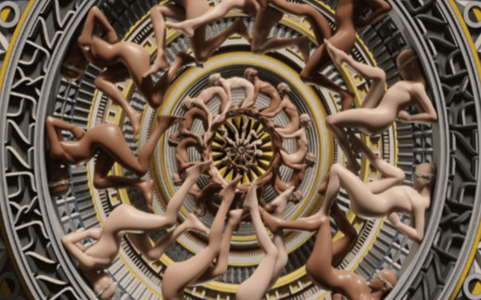 Several humans in spirals layered into the center of the image. An event image for an artist exhibition.