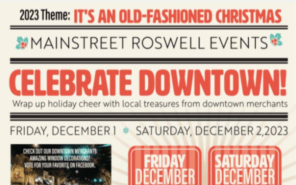 A newspaper flyer formatted with Christmas decor and text. Details the Christmas Roswell Downtown event for Roswell, New Mexico.