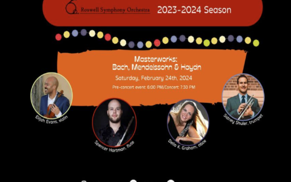 A black back ground with a red/orange bar across it. Pictured with images of some different famous orchestra artists.
