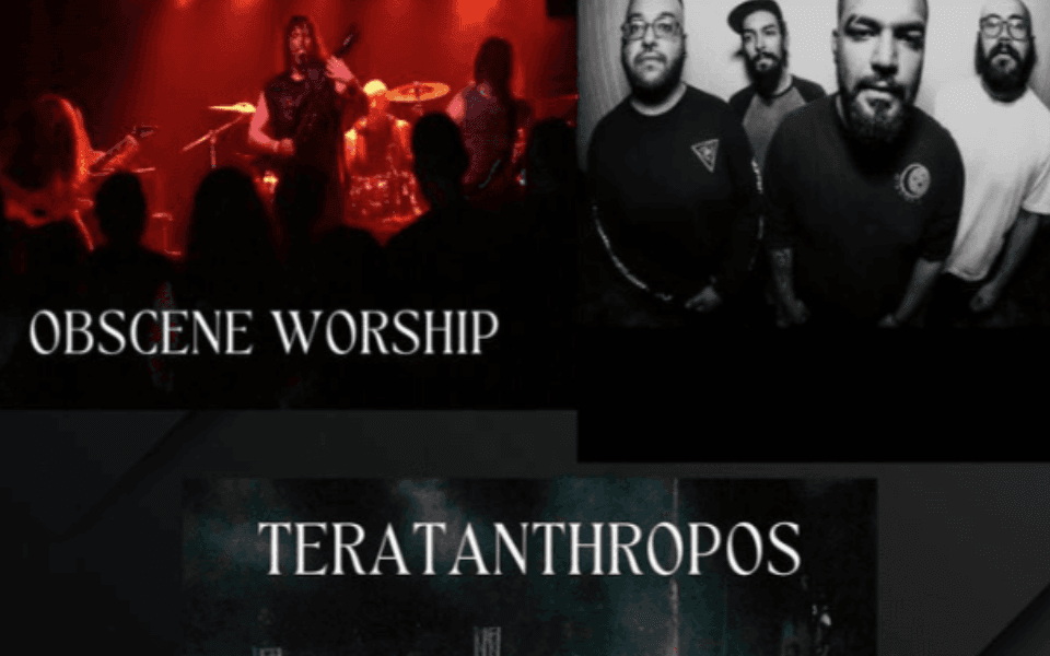 "Teratanthropos," "Mission 7," and "Obscene Worship" text pictured with images of the three bands' members.