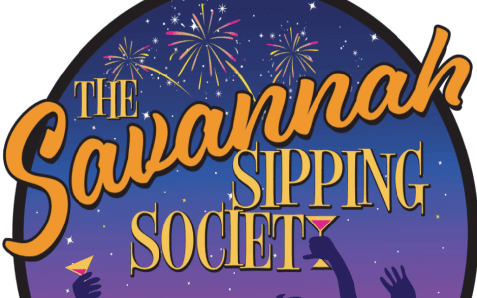 "The Savannah Sipping Society" in yellow text pictured in front of a purple sky with firewords.