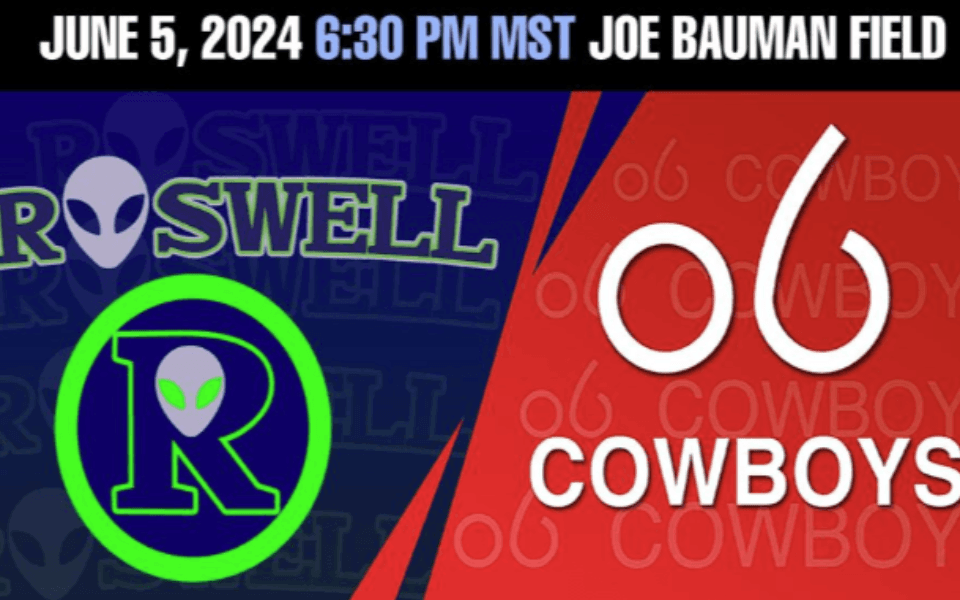 Logos for the "Roswell Invaders" and "Alpine Cowboys" pictured with event text for a Pecos League baseball game.