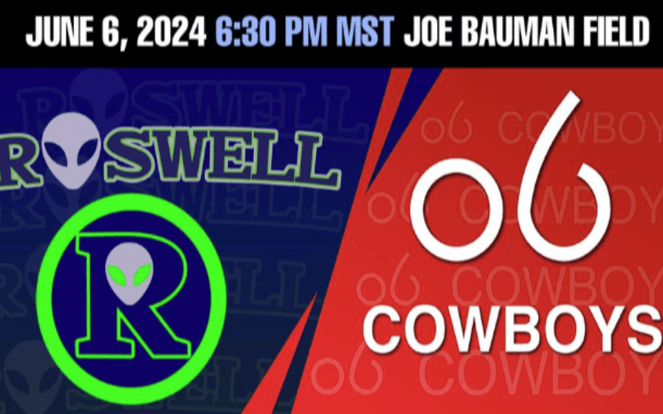 Logos for the "Roswell Invaders" and the "Alpine Cowboys" pictured with event text for a Pecos League baseball game.