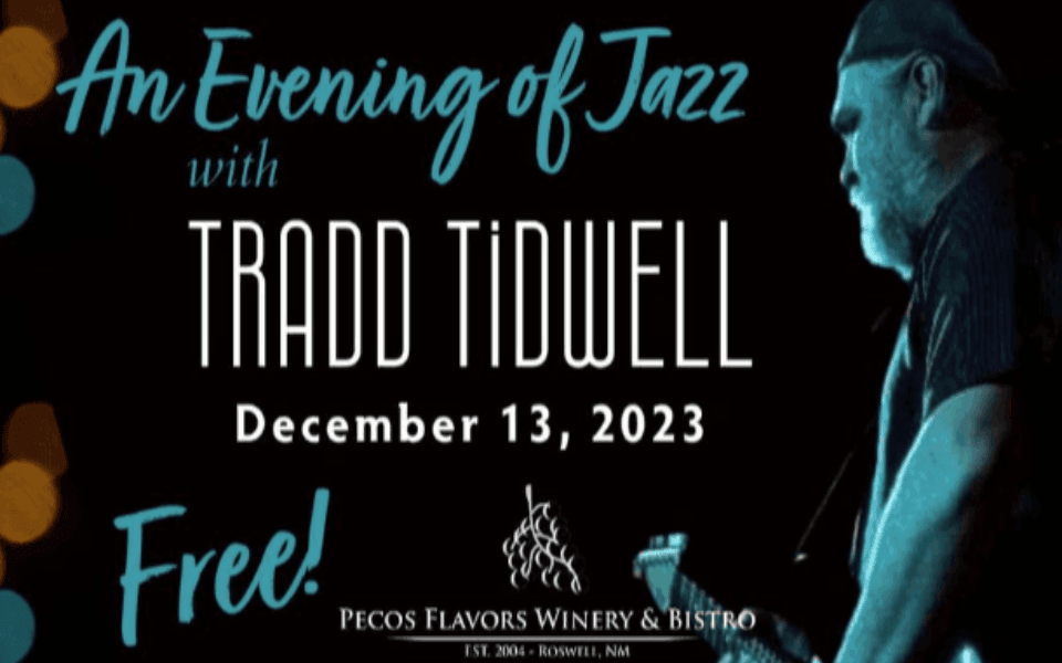 Tradd Tidwell pictured performing Jazz music. Pictured in front of a dark back ground and with event text for his Jazz music night.