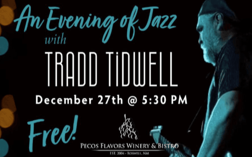 Tradd Tidwell pictured performing Jazz music. Pictured in front of a dark back ground and with event text for his Jazz music night.