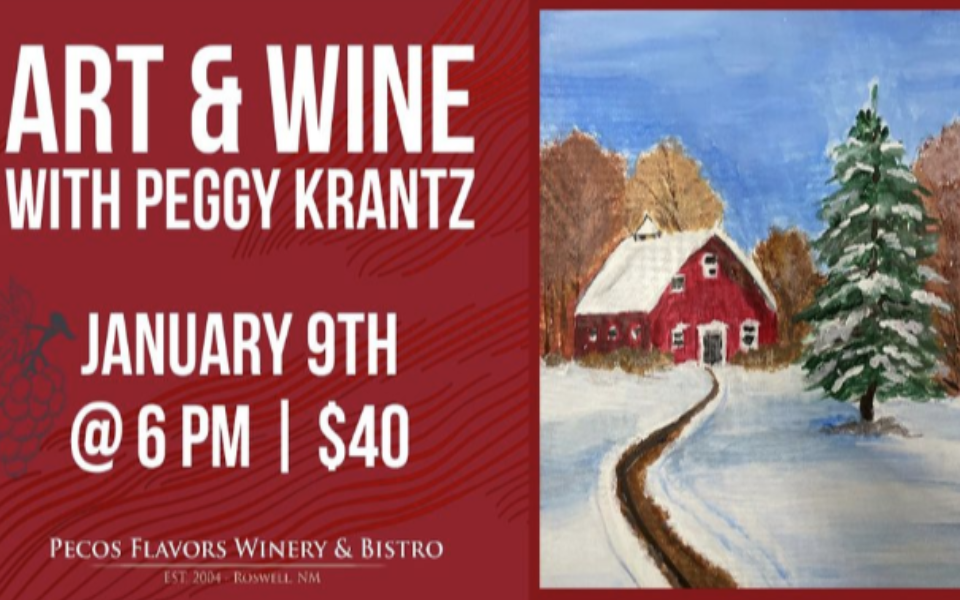 Red back ground with a painted, snowy house. Pictured with event text for an Art & Wine class.