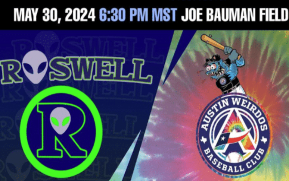 Logos for the "Roswell Invaders" and "Austin Weirdos" pictured. Pictured with event text for a baseball game.