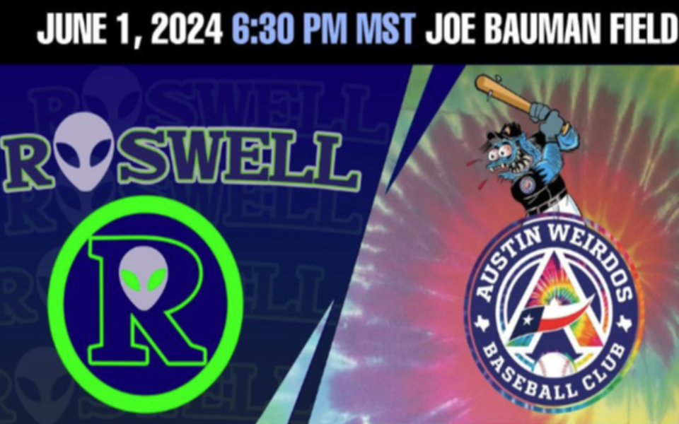 Logos for the "Roswell Invaders" and "Austin Weirdos" pictured with event text for a Pecos League baseball game.