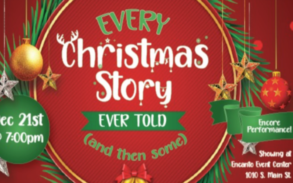 Red back ground with Christmas decor and "Every Christmas Story Ever Told" in event text on top.