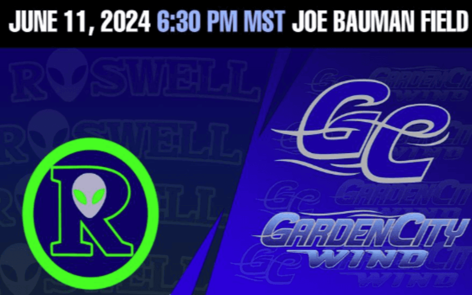 Logos for the "Roswell Invaders" and "Garden City Wind" pictured with event text for a Pecos League Baseball game.