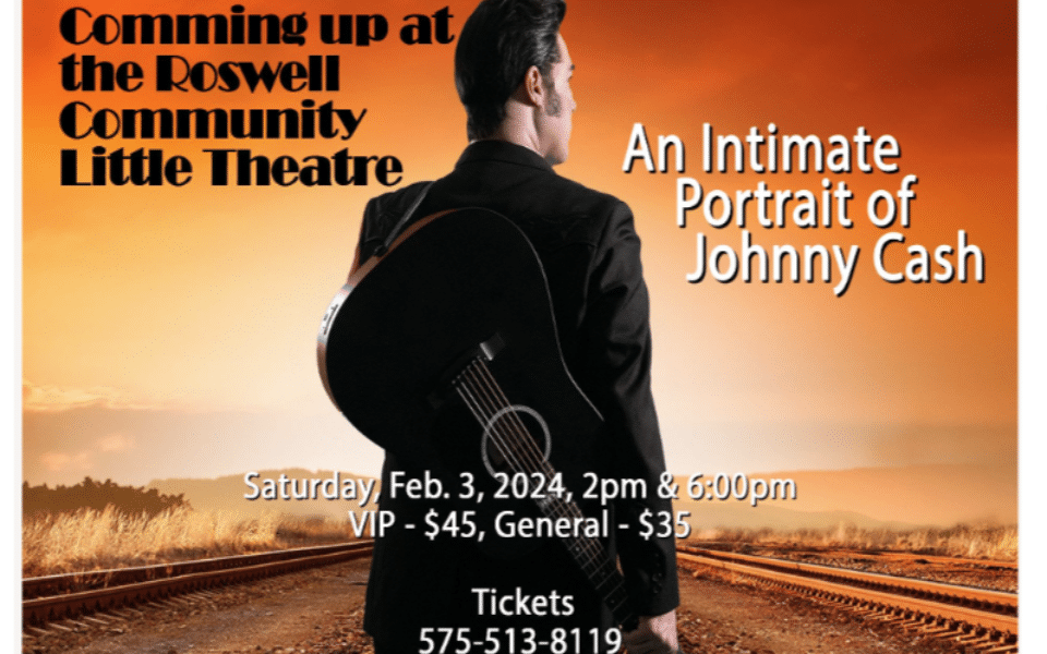 An individual portraying Johnny Cash facing the sunset while standing on train tracks. Pictured with event text for the Johnny Cash Tribute.