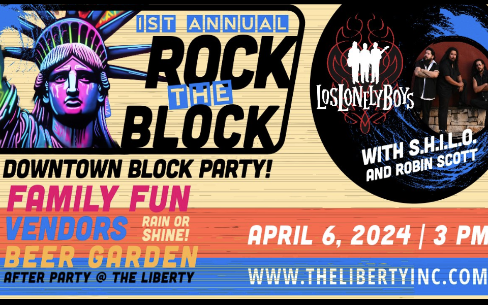 Colorful wooden back ground with the Statue of Liberty, event text, and names of various bands.