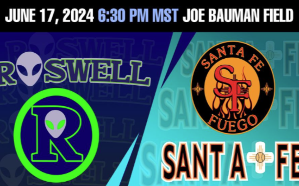 Logos for the "Roswell Invaders" and "Santa Fe Fuego" pictured with event text for a Pecos League baseball game.