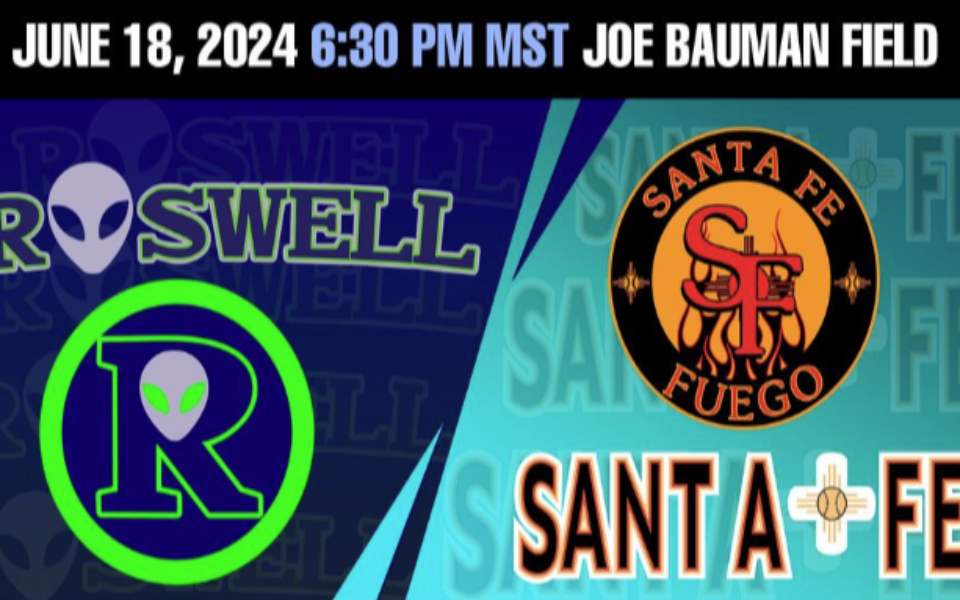 Logos for the "Roswell Invaders" and "Santa Fe Fuego" pictured with event text for a Pecos League baseball game.