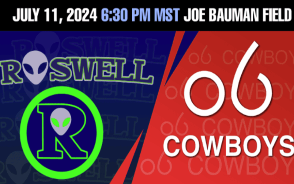 Roswell Invaders and Alpine Cowboys logos pictured next to each other and with event text for a Pecos League Baseball game.