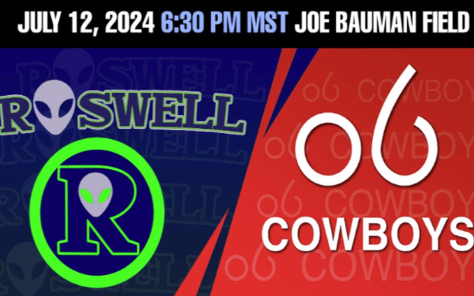 Roswell Invaders and Alpine Cowboys logos pictured next to each other and with event text for a Pecos League Baseball game.