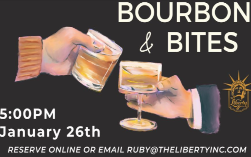 A left and right hand, both holding bourbon in glasses. Pictured with a dark background and event text for a Bourbon Social event.