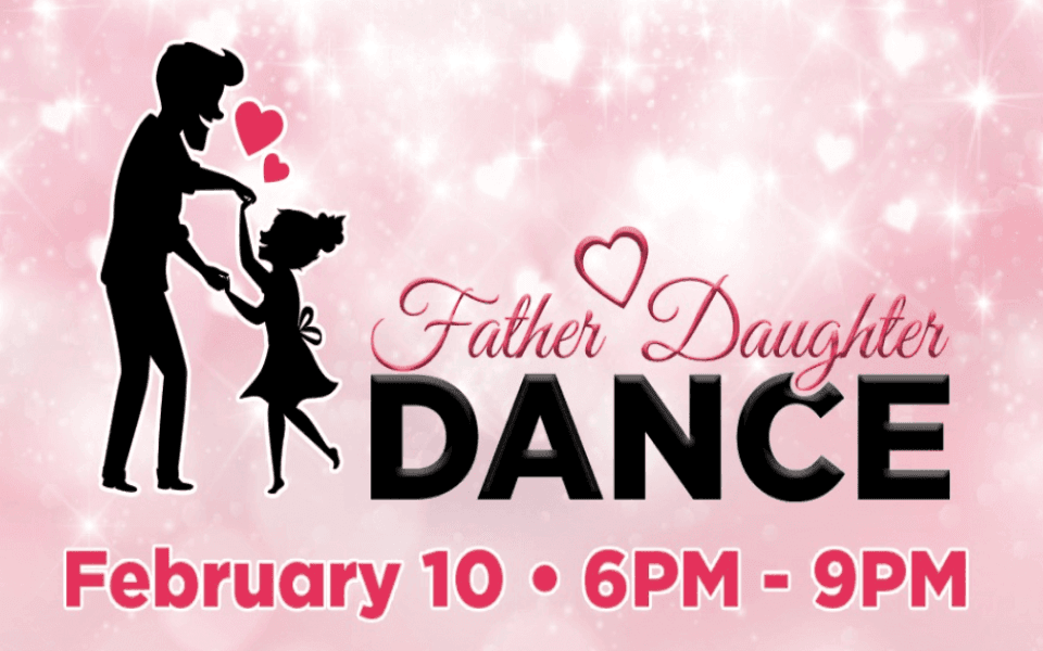 A pink, sparkly back ground with a father and daughter dancing on top. Pictured with event text for a Father daughter dance.