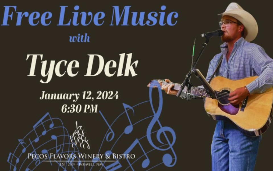 Tyce Delk performing on stage with his instrument. Pictured with a dark back ground and event text for a free live music night.