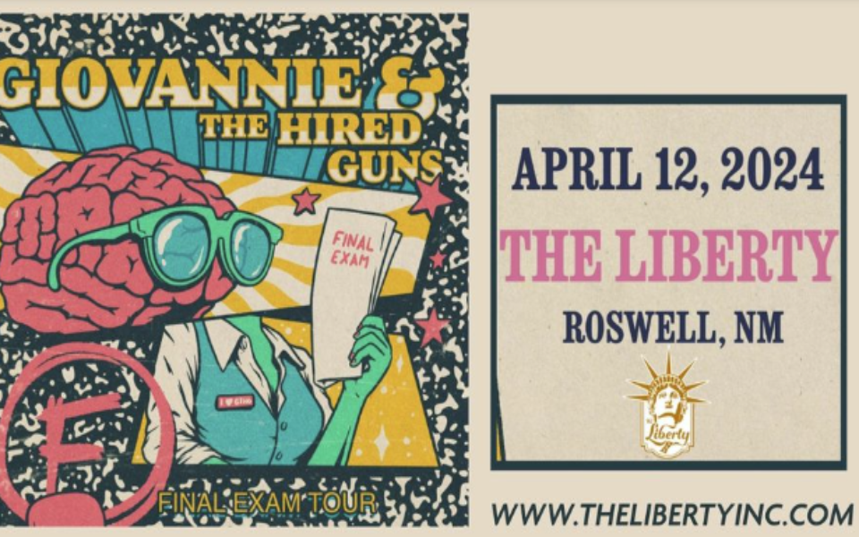 Comic book art of a brain wearing sunglasses and a woman holding papers. Pictured with a beige back ground and event text for a live music night.