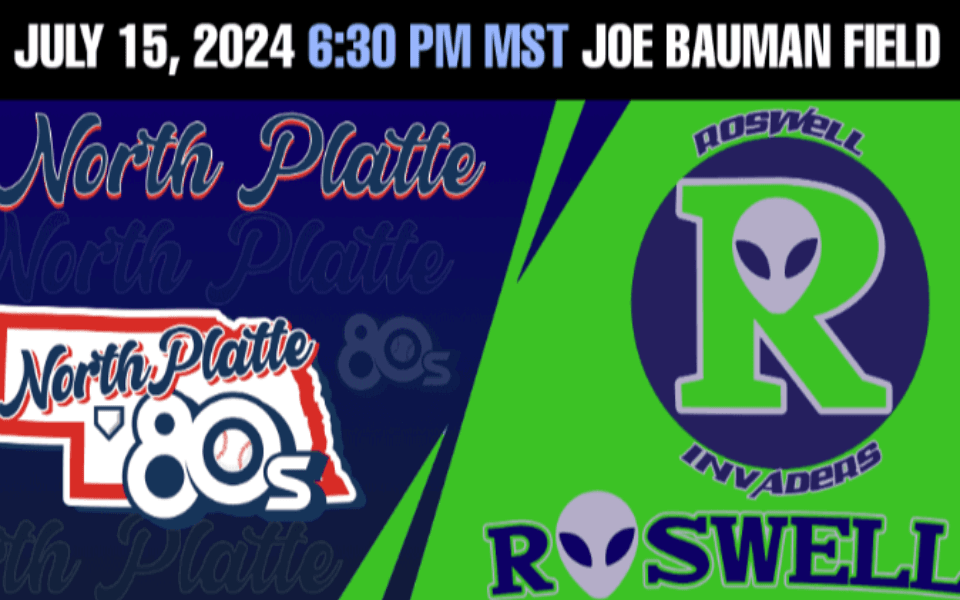 North Platte 80s and Roswell Invaders logos next to each other. Pictured with event text for a Pecos League Baseball game.