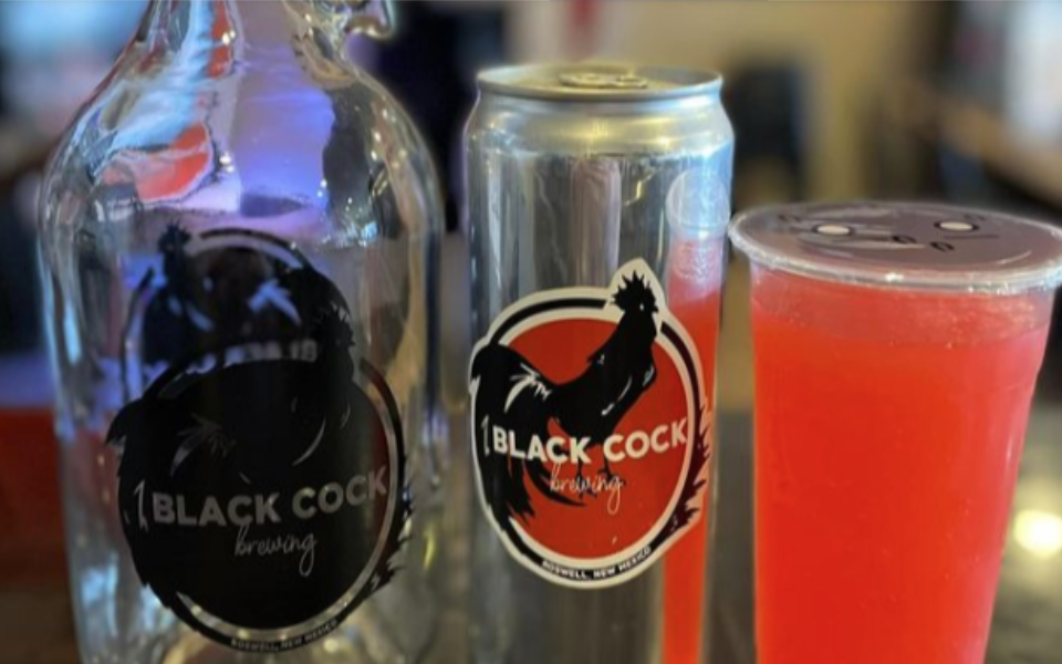 Image of three drink containers that vary in material. Two have the Black Cock Brewery logo on them.
