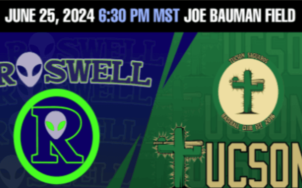 Logos for the "Roswell Invaders" and "Tucson Saguaros" pictured with event text for a Pecos League baseball game.