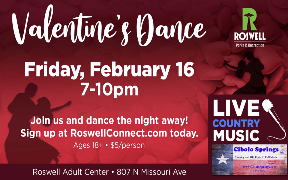 Rose petal background with images of people dancing on top. Pictured with event text for a Valentines Dance Night.