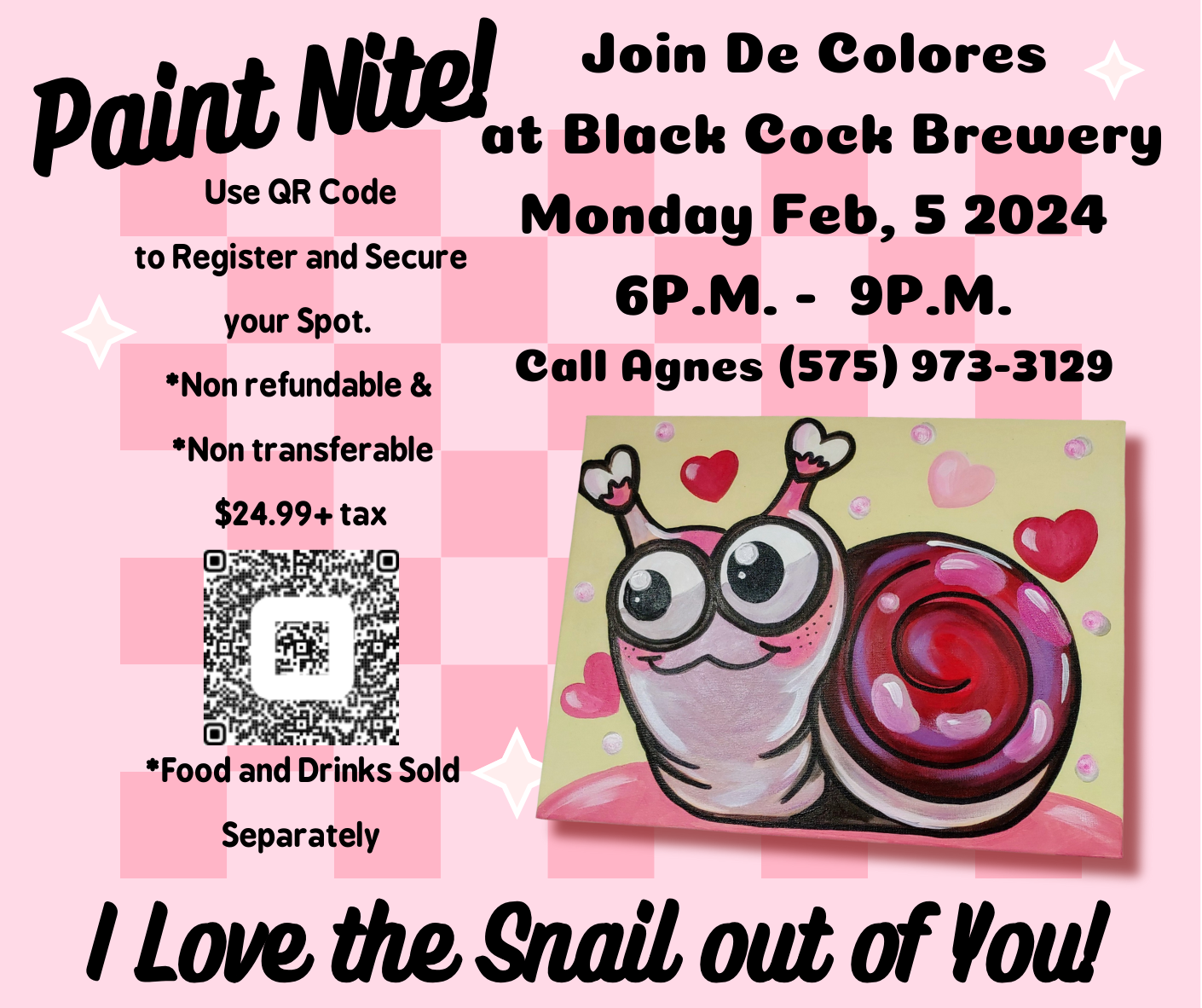 snail with valentine hearts and add for a paint night at black cock brewery