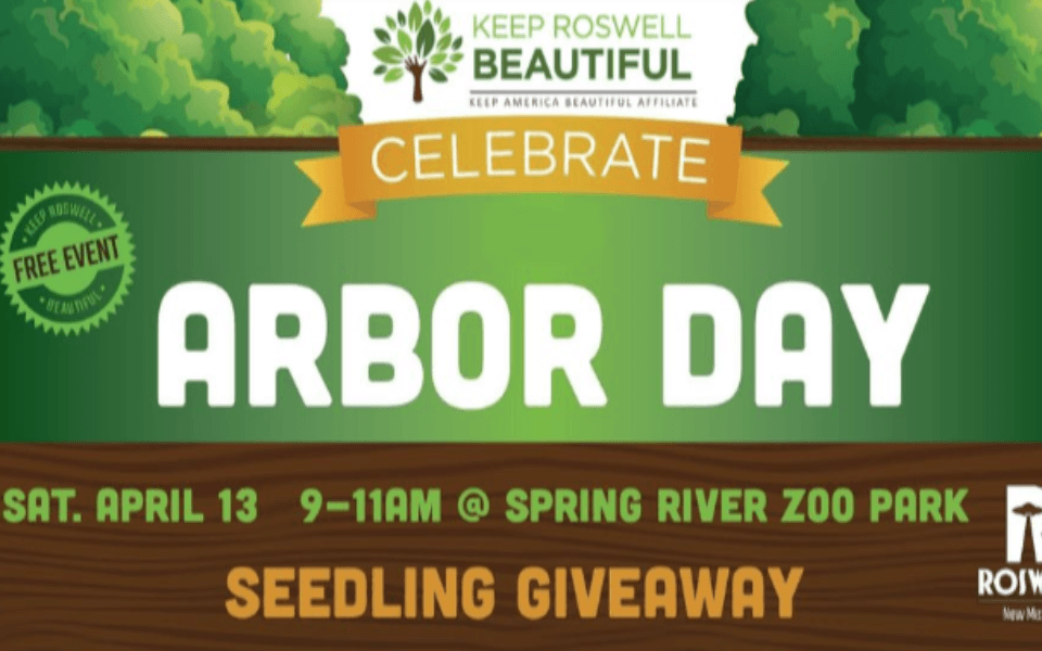 Green grass and trees pictured with event text for the 2024 Arbor Day Seedling Giveaway at Spring River Zoo, Roswell, NM.
