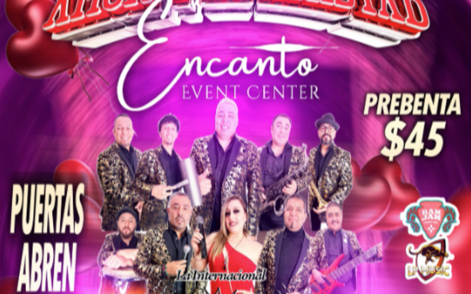 Members of a hispanic music/performance group pictured with pink Valentine's decor as the background and event text for an event at the Encanto Event Center in Roswell, NM.