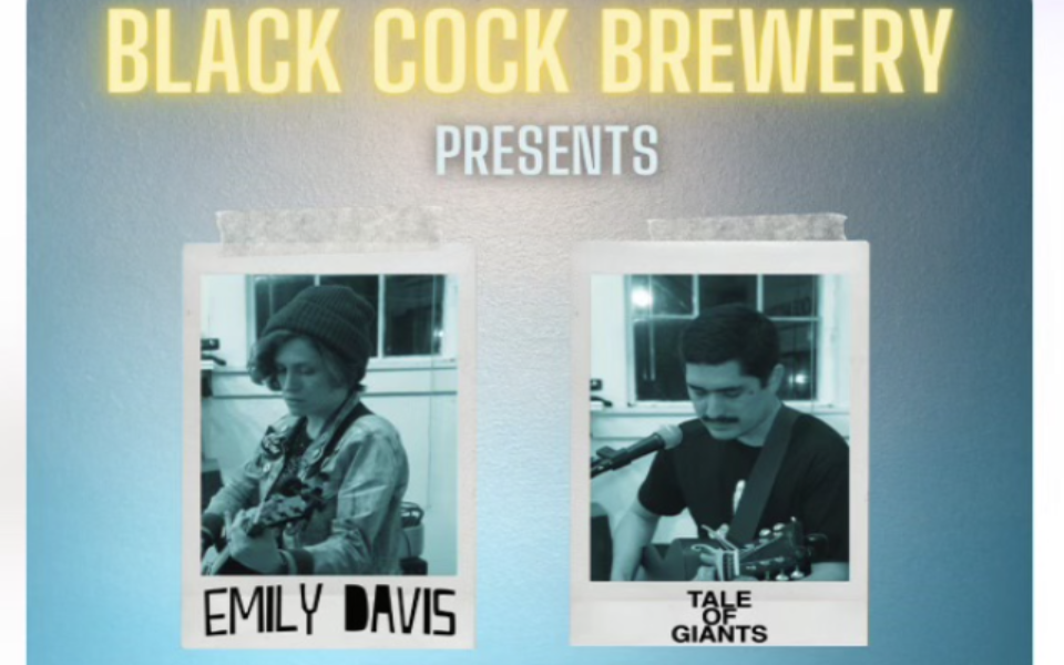 Images of Emily Davis and Tale of Giants playing instruments separately. Pictured with event text for a live music night at the Black Cock Brewery.