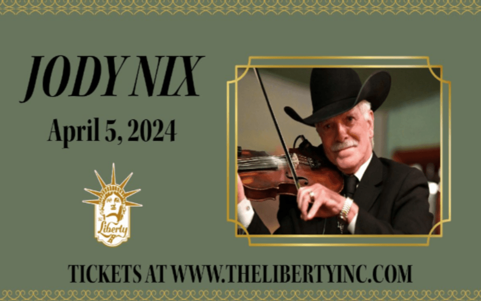 Jody Nix pictured playing a violin. Included are a green background and event text for a live music night at The Liberty.