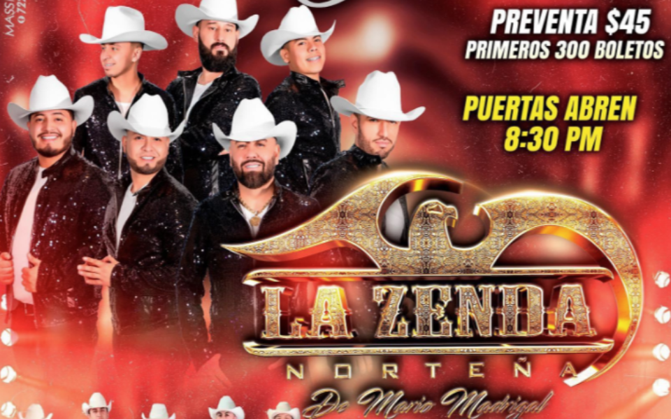 La Zenda Nortena members standing together with a red, sparkly background and event text for a live music & entertainment night.