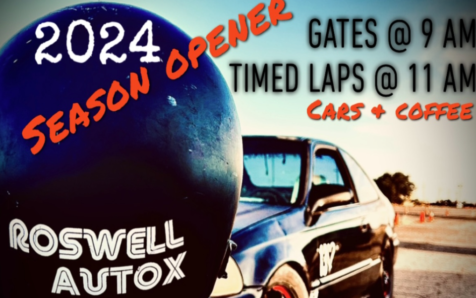 "Roswell AutoX 2024 Season Opener" text pictured with a racetrack, racecar, and a close-up of a racing helmet.