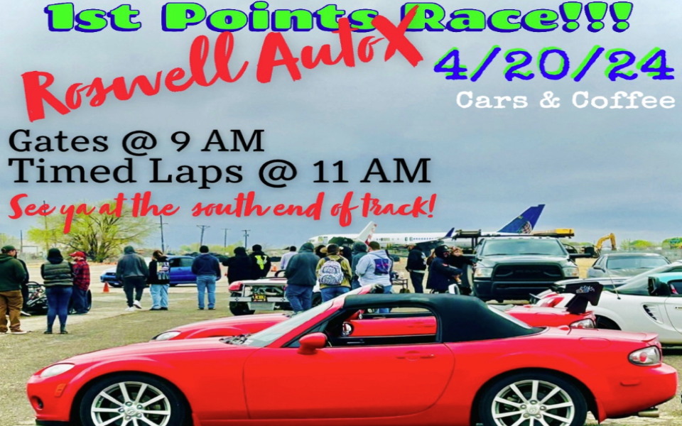 People watching races cars at a race track. Pictured with text describing a Cars & Coffee event in Roswell, NM.