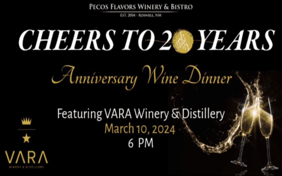 "Cheers to 20 Years Anniversary Wine Dinner " in text pictured with a black background and wine glasses.