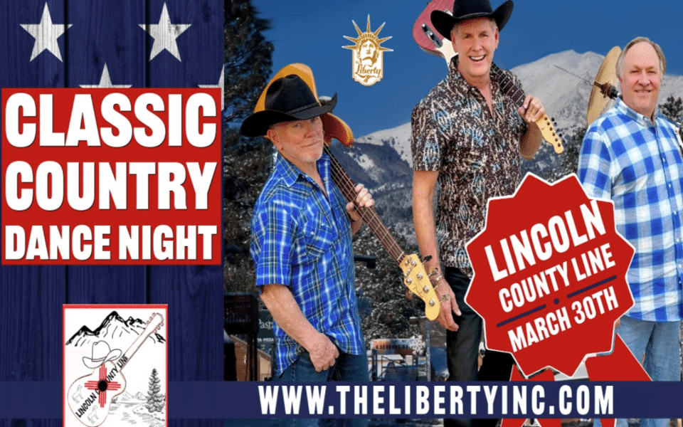 Lincoln County Line members posing with their guitars in an outdoor setting. Pictured with event event text on a Classic Country Dance Night at The Liberty.