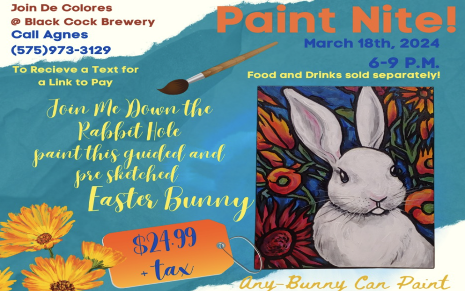 Blue background with a painting of an Easter Bunny. Includes text detailing a painting night at the Black Cock Brewery.