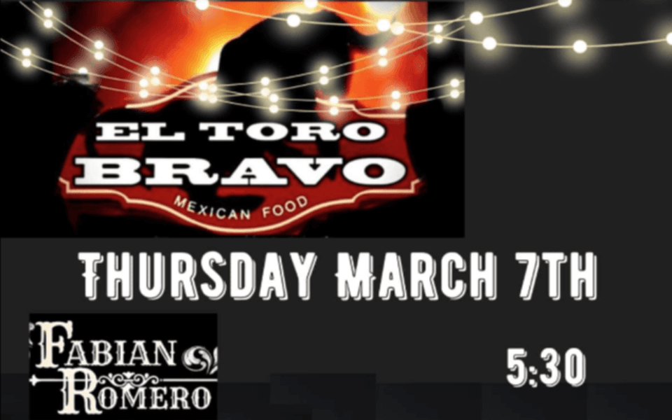 El Toro Bravo's logo with a black background and text detailing dates and times for a live music event at the El Toro Bravo Restaurant in Roswell, NM.