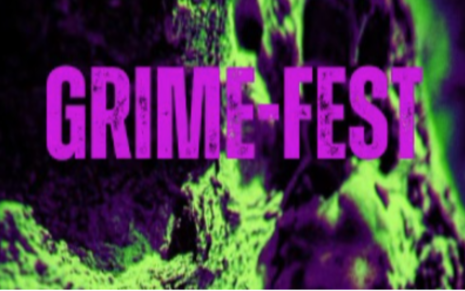 A close-up of green slime with purple text for the 2024 Grime Fest at the Black Cock Brewery.