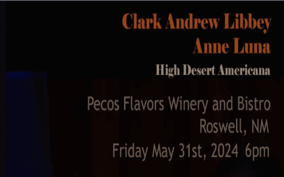 Black background with event text for a live music night at the Pecos Flavors Winery + Bistro in Roswell, NM.