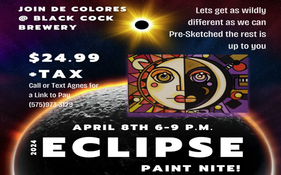 The Earth pictured behind the sun and moon during an eclipse. Pictured with text for an eclipse-themed paint night.