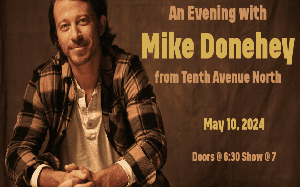 Mike Donehey pictured with a dark gray/brown background and event text for his live music night at The Liberty.