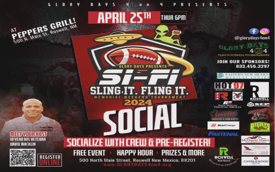 Flier for the 2024 Sling it fling it Social at the Peppers Grill & Bar in Roswell, NM.