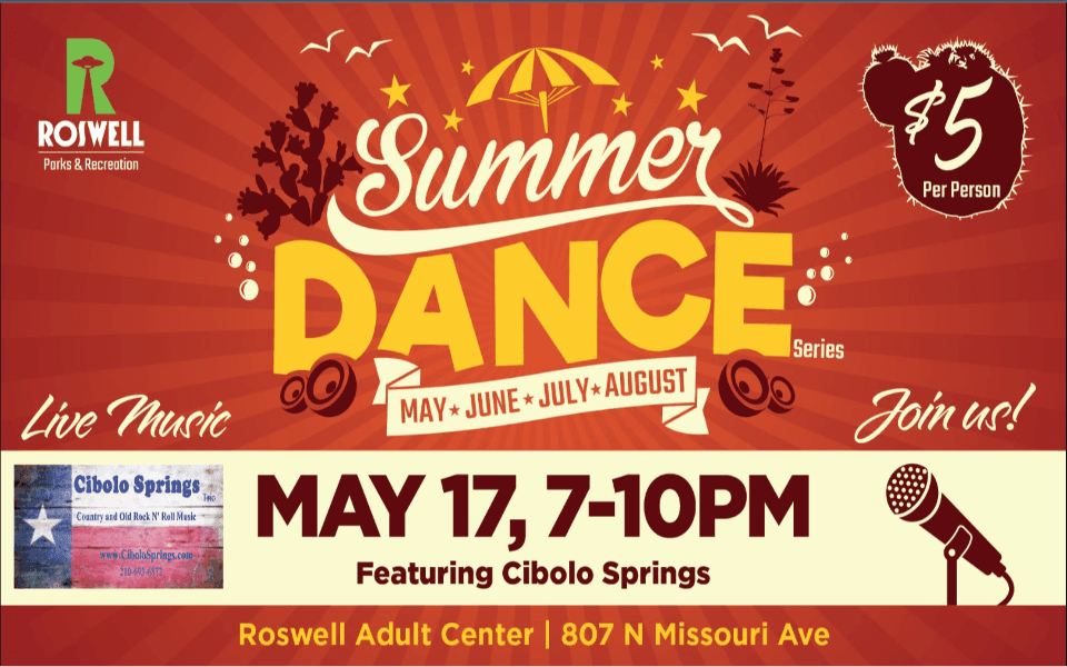 Cacti-themed flyer for the Roswell Adult Center's Summer Dance Series in 2024.