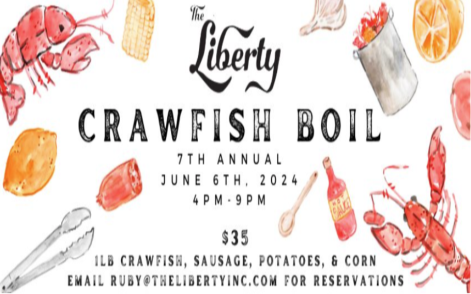 Crawfish, corn, tongs, and lobster decor pictured with text for an annual crawfish boil event.